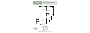 a floor plan of one bedroom unit with a bathroom and a staircase